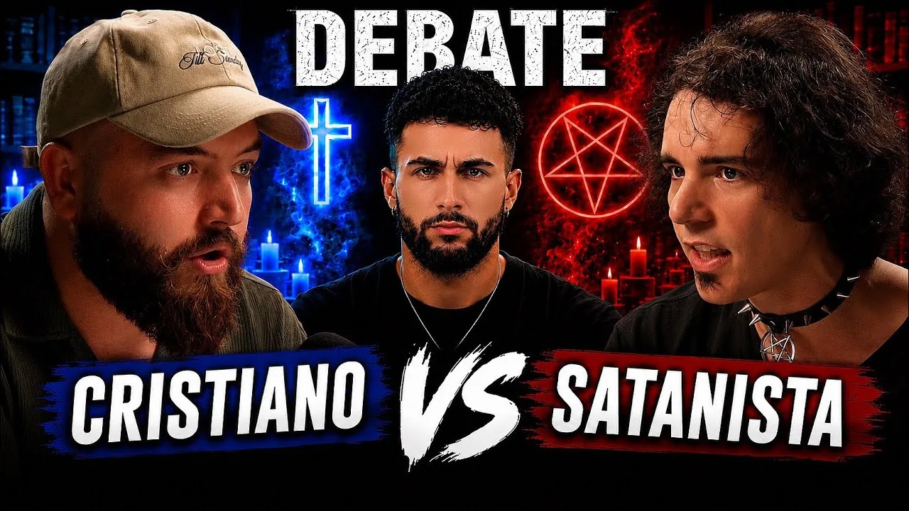 Portada de un debate a tres, con iconografía enfrentada a ambos lados y el rótulo «Cristiano vs Satanista»