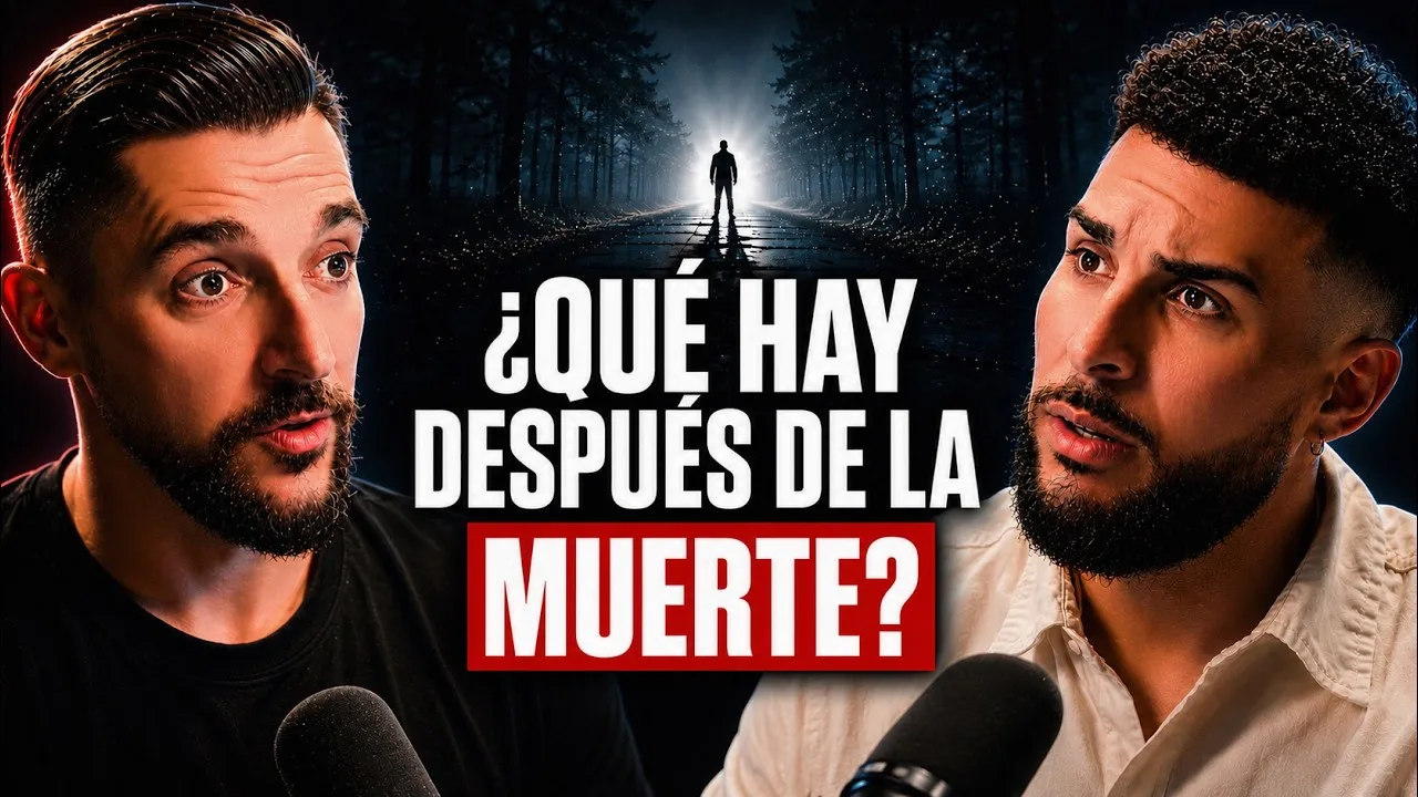 Portada de entrevista a dos con micrófonos a la vista y una figura caminando hacia la luz al fondo, con el rótulo «¿Qué hay después de la muerte?»