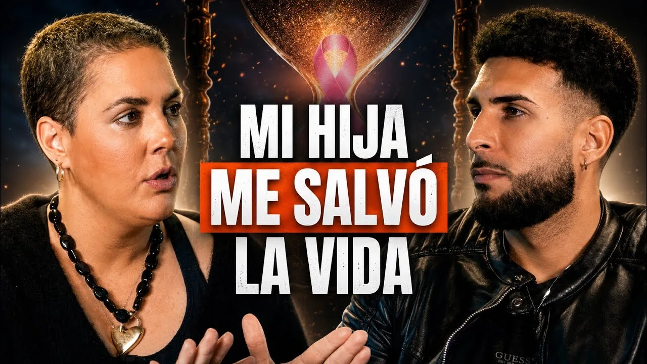 Portada de entrevista con una invitada gesticulando y un reloj de arena con lazo rosa al fondo, con el rótulo «Mi hija me salvó la vida»