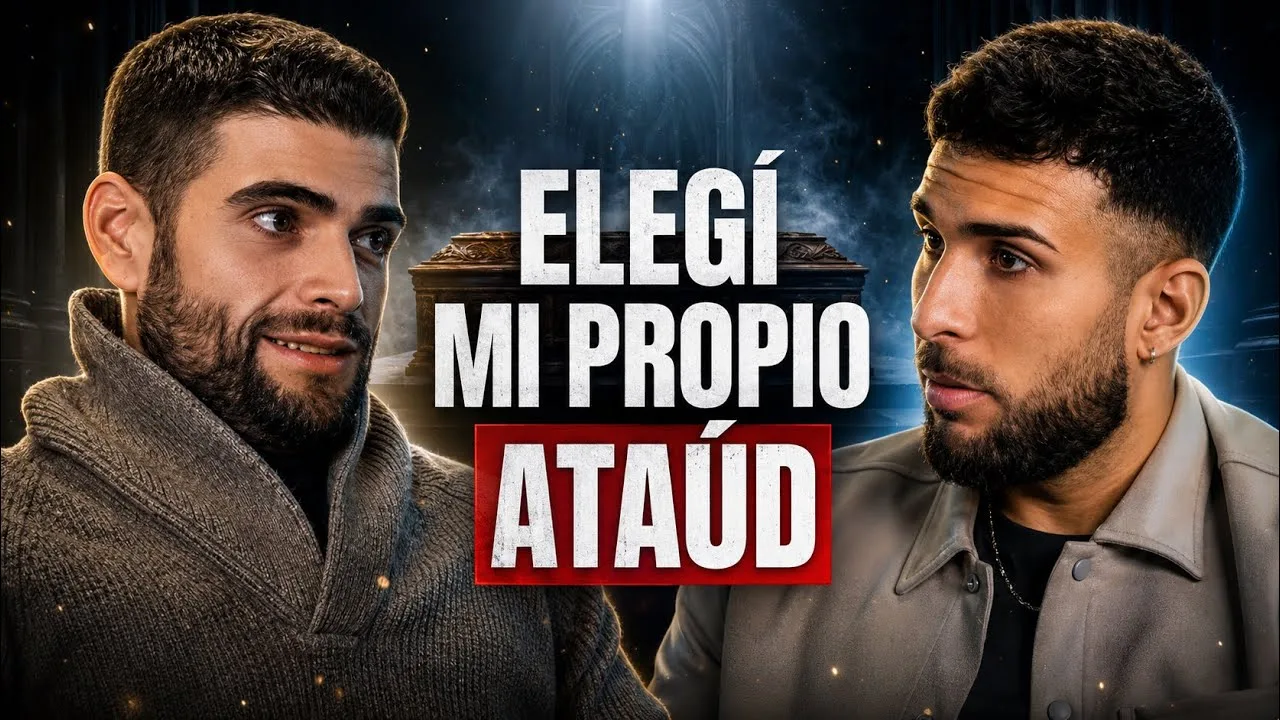 Portada de entrevista a dos con un ataúd iluminado al fondo y el rótulo «Elegí mi propio ataúd»
