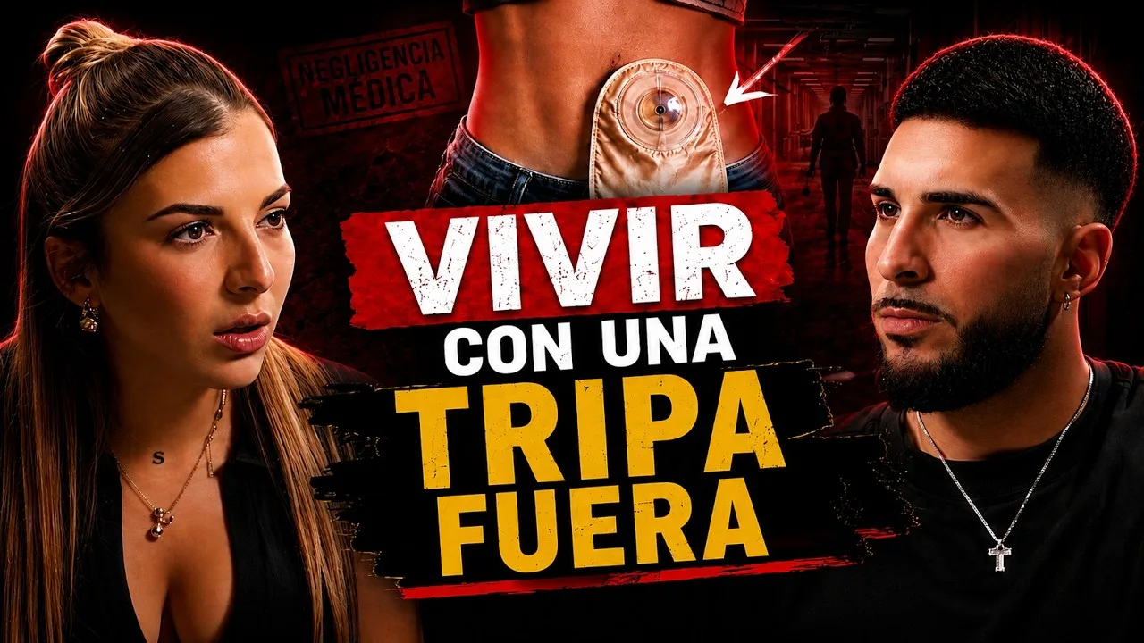 Portada de entrevista con un inserto médico y un sello de «Negligencia médica», con el rótulo «Vivir con una tripa fuera»